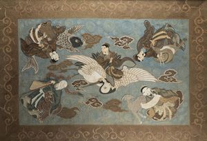 RICAMO - Ricamo raffigurante saggi con animali  Cina  dinastia Qing  XIX sec H cm 130x186
