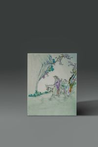 PLACCA - Placca in  porcellana Famiglia Rosa  dipinta con personaggi e cavallo  Cina  Repubblica  XX sec H cm 39x31