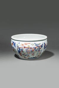 PICCOLA VASCA - Piccola vasca in porcellana Famiglia Verde dipinta con scene di personaggi in festa  Cina  dinastia Qing  XIX  [..]