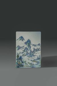 PLACCA - Placca in porcellana Famiglia Verde decorata con paesaggio montano  Cina  XIX sec cm 37x25