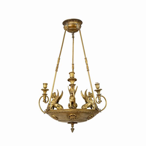 Lampadario stile impero in bronzo dorato  - Asta Dipinti Antichi, Arredi, Sculture e Oggetti d'Arte - Associazione Nazionale - Case d'Asta italiane