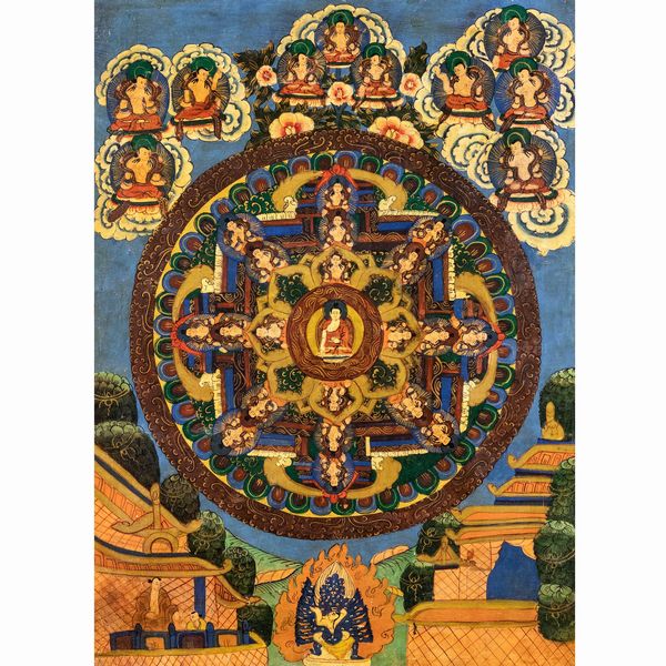 Thangka con mandala centrale su fondo azzurro  - Asta Dipinti Antichi, Arredi, Sculture e Oggetti d'Arte - Associazione Nazionale - Case d'Asta italiane