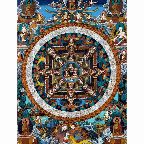 Thangka con mandala centrale su fondo azzurro  - Asta Dipinti Antichi, Arredi, Sculture e Oggetti d'Arte - Associazione Nazionale - Case d'Asta italiane