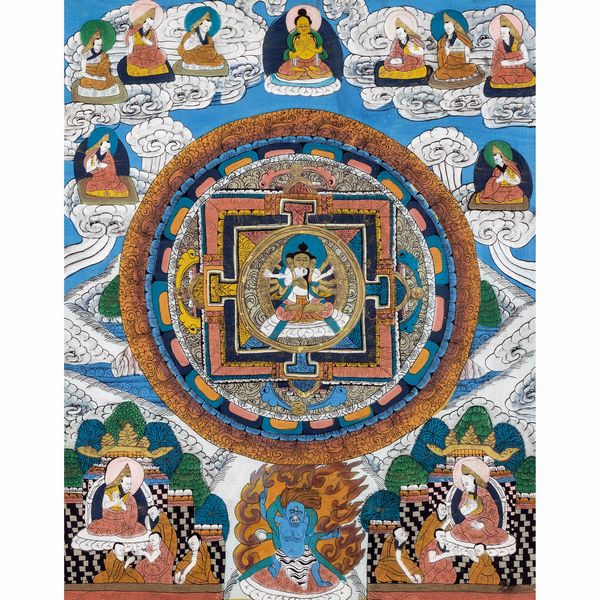 Thangka con mandala centrale su fondo azzurro  - Asta Dipinti Antichi, Arredi, Sculture e Oggetti d'Arte - Associazione Nazionale - Case d'Asta italiane