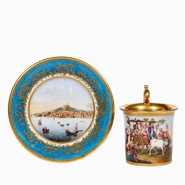 TAZZA CON PIATTINO, NAPOLI, MANIFATTURA GIOVINE, PRIMA MET&Agrave; 1830 CIRCA  - Asta CERAMICA. MAIOLICHE E PORCELLANE DAL XVI AL XIX SECOLO - Associazione Nazionale - Case d'Asta italiane