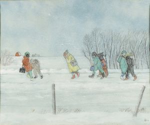 William Kurelek - Prairie school children bucking winter wind