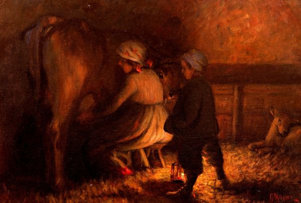 Giuseppe Magni : La mungitura  - Asta Arte Figurativa tra XIX e XX Secolo - Associazione Nazionale - Case d'Asta italiane