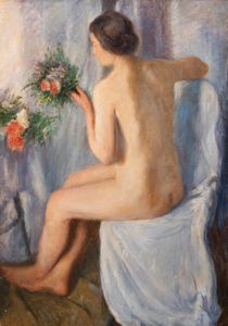 Scuola italiana inizi del XX secolo - Nudo femminile con mazzo di fiori