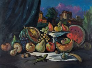 Achille Sdruscia - Natura morta con anguria e lucertola