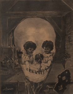 Scuola europea, inizi del XX secolo - Bimbe con cagnolino e giocattoli (memento mori)