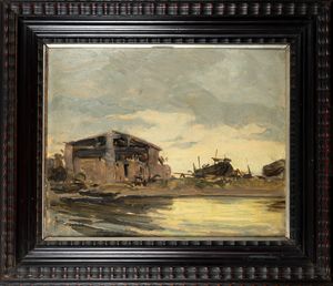 ANGELO BROMBO : La rimessa delle barche  - Asta Arte Figurativa tra XIX e XX Secolo - Associazione Nazionale - Case d'Asta italiane