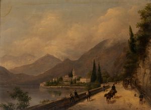 Scuola lombarda prima metà del XIX secolo - Veduta con strada lungolago