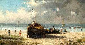 Scuola italiana seconda metà del XIX secolo - Marina con pescatori