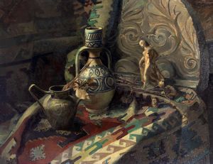 Scuola europea fine XIX - inizi XX secolo - Natura morta con tappeto, vasellame e una scultura