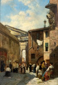 Scuola romana fine del XIX secolo - Roma, il Portico d'Ottavia con Sant'Angelo in Pescheria