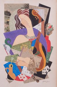 Mathis Leroux - Composizione cubo futurista con figura e chitarra