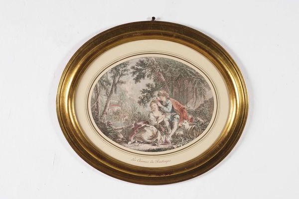 Coppia di stampe raffiguranti scene galanti. Francia XIX-XX secolo  - Asta Antiquariato Luglio - Associazione Nazionale - Case d'Asta italiane