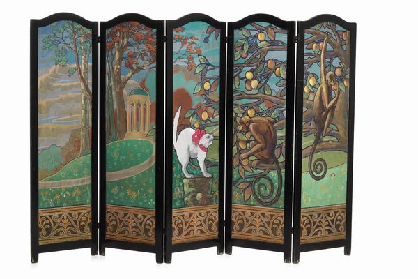 Paravento in legno ebanizzato dipinto in policromia con paesaggio con scimmie e gatto  - Asta Antiquariato Luglio - Associazione Nazionale - Case d'Asta italiane