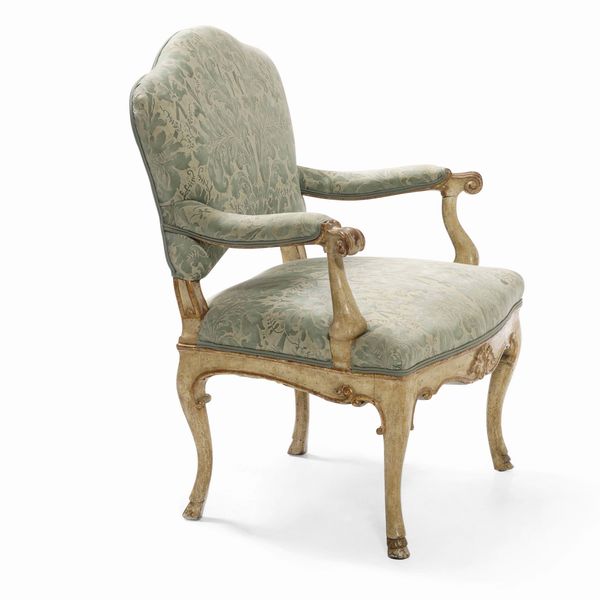 Poltrona in legno intagliato e dipinto. XVIII-XIX secolo  - Asta Antiquariato Luglio - Associazione Nazionale - Case d'Asta italiane