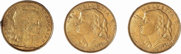 Repubblica Francese : lotto composto da un esemplare da 10 franchi francesi del 1908 e da due esemplari da 10 franchi svizzeri del 1922  - Asta Numismatica - Associazione Nazionale - Case d'Asta italiane