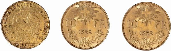 Repubblica Francese : lotto composto da un esemplare da 10 franchi francesi del 1908 e da due esemplari da 10 franchi svizzeri del 1922  - Asta Numismatica - Associazione Nazionale - Case d'Asta italiane