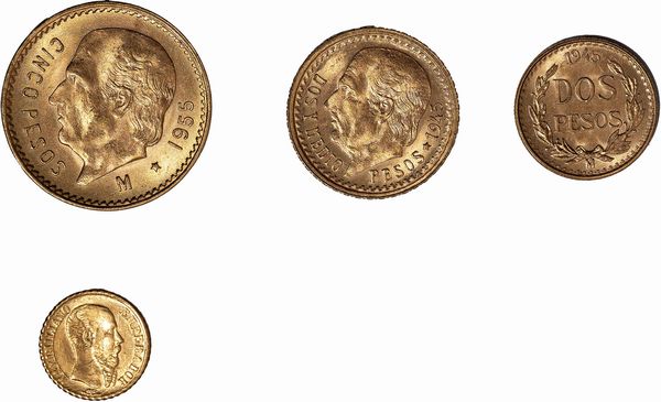Messico - Estados Unidos Mexicanos (dal 1905) : lotto composto da un esemplare da 5 pesos del 1955, un esemplare da 2 e 1/2 pesos del 1945, un esemplare da 2 pesos del 1945 e un gettone nuziale Emperador Maximiliano 1865  - Asta Numismatica - Associazione Nazionale - Case d'Asta italiane
