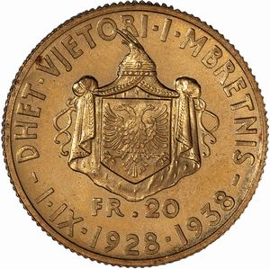 Albania, AMET ZOGU, 1925-1939 : 20 Franga Ari  - Asta Numismatica - Associazione Nazionale - Case d'Asta italiane