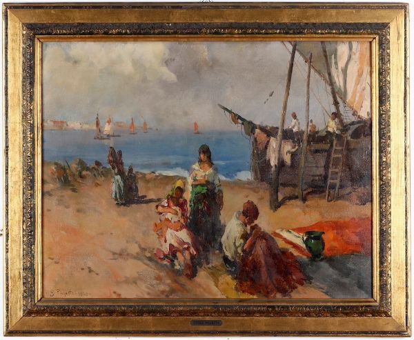 Guido Pajetta : Spiaggia con figure, 1929  - Asta Dipinti del XIX-XX secolo - Associazione Nazionale - Case d'Asta italiane