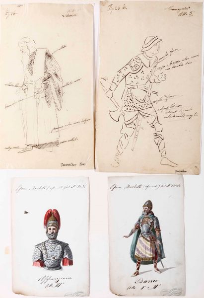 Scuola del XIX secolo Figurini per il Macbeth e per il Trovatore di Verdi. Sartoria Teatrale Brunetti Chiappa  - Asta Dipinti del XIX-XX secolo - Associazione Nazionale - Case d'Asta italiane