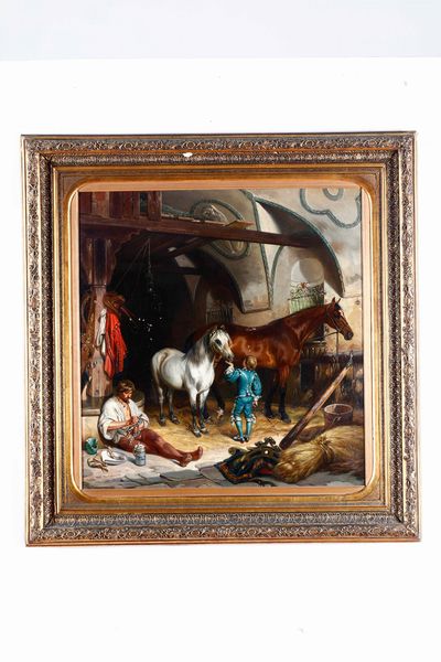 Pittore del XIX-XX secolo Interno di scuderia con cavalli  - Asta Dipinti del XIX-XX secolo - Associazione Nazionale - Case d'Asta italiane