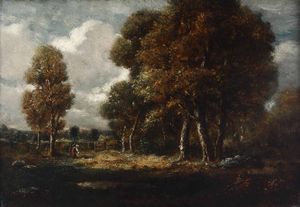 Théodore Rousseau, Attribuito a - Paesaggio con figure