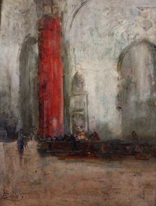 Mosè Bianchi, Ambito di - Interno di chiesa con pavimento rosso