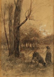Pompeo Mariani, Attribuito a - Paesaggio con contadina, 1886