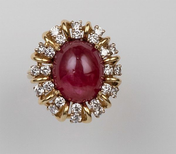 Anello con rubino taglio cabochon di ct 9,17 e diamanti  - Asta Fine Jewels - Associazione Nazionale - Case d'Asta italiane