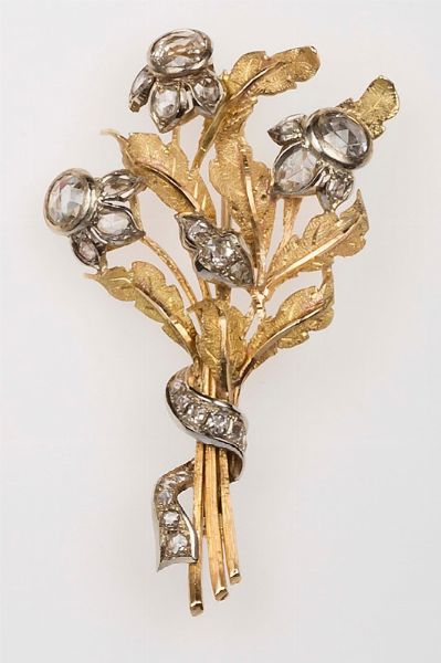 Spilla Mazzo di fiori con rose di diamanti e diamanti di vecchio taglio  - Asta Fine Jewels - Associazione Nazionale - Case d'Asta italiane