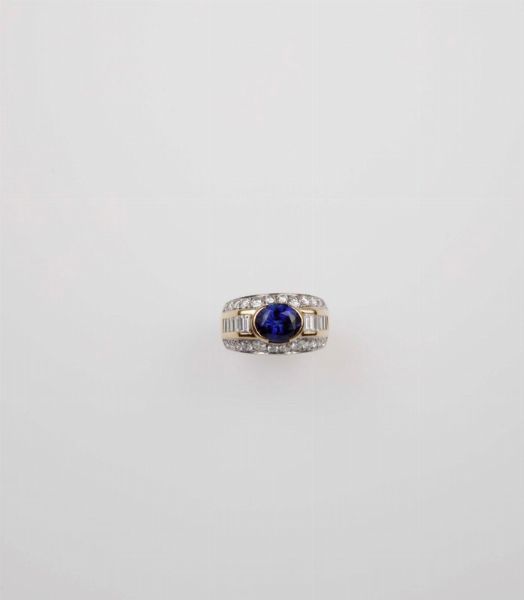 Anello con zaffiro Sri Lanka di ct 4,14 e diamanti  - Asta Fine Jewels - Associazione Nazionale - Case d'Asta italiane