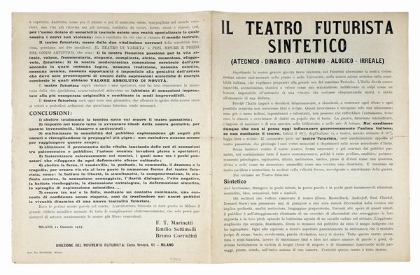 Filippo Tommaso Marinetti : Il teatro futurista sintetico. (Atecnico - Dinamico - Autonomo - Alogico - Irreale).  - Asta Autografi e manoscritti, Futurismo, libri del Novecento e libri d'artista [Parte I] - Associazione Nazionale - Case d'Asta italiane