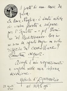 Gabriele D'Annunzio - Annotazione autografa su lettera di d?Annunzio riprodotta, e altre 2 lettere dello scrittore riprodotte.