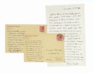MARINO MORETTI - 3 cartoline postali e 1 lettera, autografe e firmate, inviate da Cesenatico all'editore Vincenzo Colonnello, Milano.