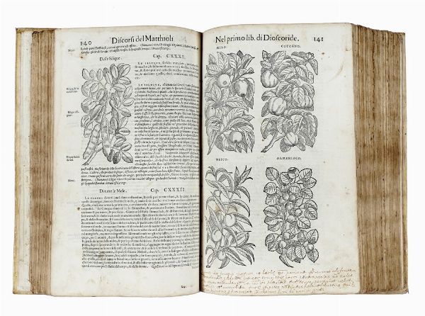 PIETRO ANDREA MATTIOLI : I discorsi [...] ne i sei libri della materia medicinale di Pedacio Dioscoride Anazarbeo. Con i veri ritratti delle piante & de gli animali, nuovamente aggiuntovi dal medesimo.  - Asta Libri a stampa dal XV al XIX secolo [Parte II] - Associazione Nazionale - Case d'Asta italiane