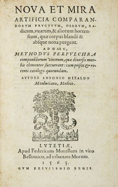 ANTOINE MIZAULD : Nova et mira artificia comparandorum fructuum, olerum, radicum, uvarum, & aliorum hortensium, quae corpus blande & absque noxa purgent.  - Asta Libri a stampa dal XV al XIX secolo [Parte II] - Associazione Nazionale - Case d'Asta italiane