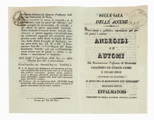PIERRE JAQUET-DROZ : Esposizione dei celebri androidi od automi.  - Asta Libri a stampa dal XV al XIX secolo [Parte II] - Associazione Nazionale - Case d'Asta italiane