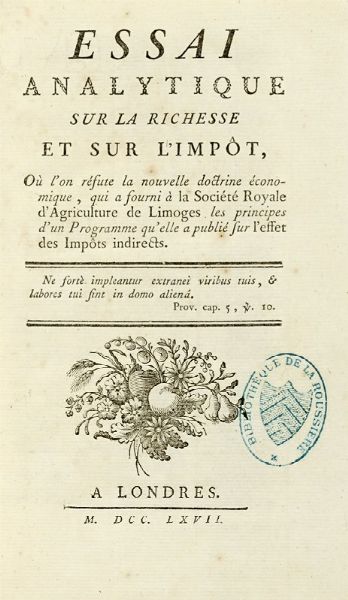 JEAN-JOSEPH-LOUIS GRASLIN : Essai analytique sur la richesse et sur l'impot.  - Asta Libri a stampa dal XV al XIX secolo [Parte II] - Associazione Nazionale - Case d'Asta italiane