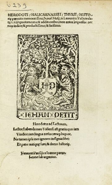 HERODOTUS HERODOTUS : Thurii historie parentis memoratissimi Novem Muse a Laurentio Valla tralate.  - Asta Libri a stampa dal XV al XIX secolo [Parte II] - Associazione Nazionale - Case d'Asta italiane