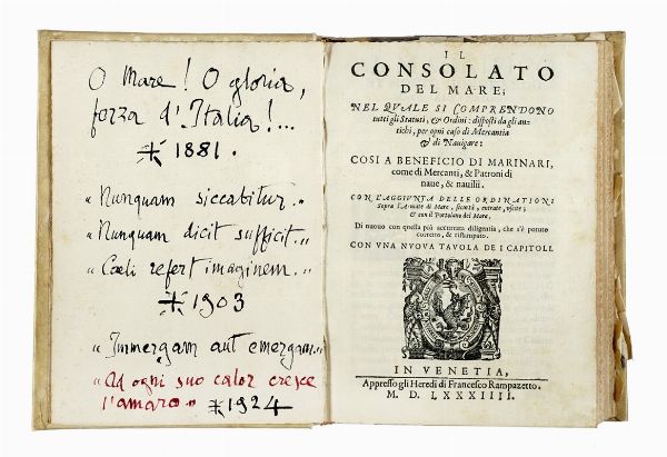GIOVANNI BATTISTA PEDERZANO : Il consolato del mare nel quale si comprendono tutti gli Statuti, & Ordini...  - Asta Libri a stampa dal XV al XIX secolo [Parte II] - Associazione Nazionale - Case d'Asta italiane