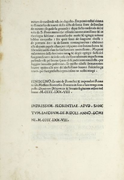 Francesco Petrarca : Vite dei pontefici e imperatori romani.  - Asta Libri a stampa dal XV al XIX secolo [Parte II] - Associazione Nazionale - Case d'Asta italiane