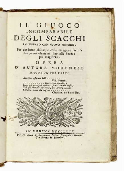 DOMENICO LORENZO PONZIANI : Il giuoco incomparabile degli scacchi sviluppato con nuovo metodo...  - Asta Libri a stampa dal XV al XIX secolo [Parte II] - Associazione Nazionale - Case d'Asta italiane