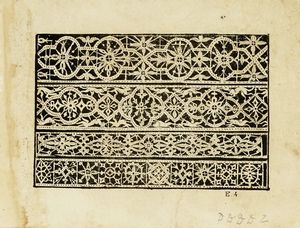 CESARE VECELLIO : Raccolta di 24 tavole da Corona delle nobili et virtuose donne [...] Nel qual si dimostra in varij dissegni, tutte le sorti di mostre di punti tagliati, punti in aria, punti a reticello, e d'ogni altra sorte.  - Asta Libri a stampa dal XV al XIX secolo [Parte II] - Associazione Nazionale - Case d'Asta italiane