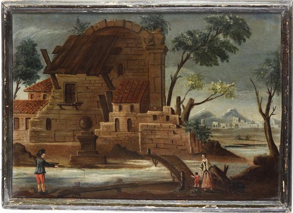 Scuola marchigiana del XVIII secolo Veduta fluviale con case, rovine e viandanti  - Asta Pittura Antica - Associazione Nazionale - Case d'Asta italiane