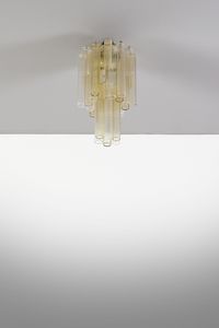VENINI - Lampada a sospensione con struttura in acciaio e pendenti a elementi cilindrici in vetro trasparente incolore e pagliesco